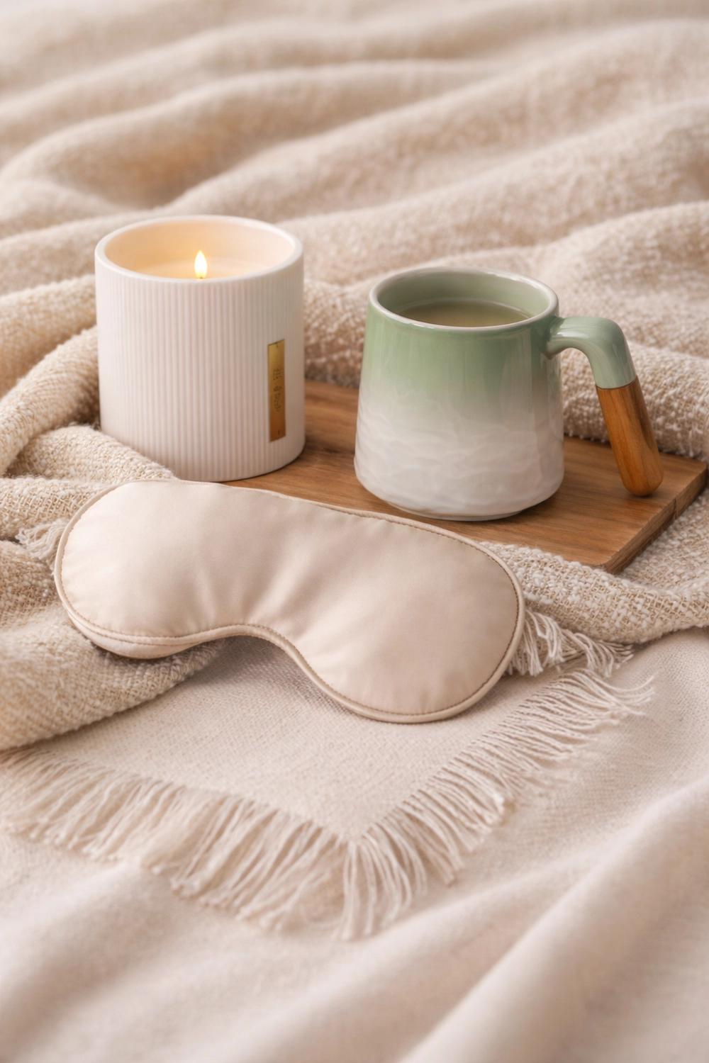 Cozy Mother’s Day gift ideas featuring a candle, soft blanket, silk sleep mask and ceramic mug